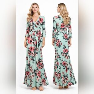 Lunnow Light Green and Pink Floral Faux Wrap Bodycon Maxi Dress Large